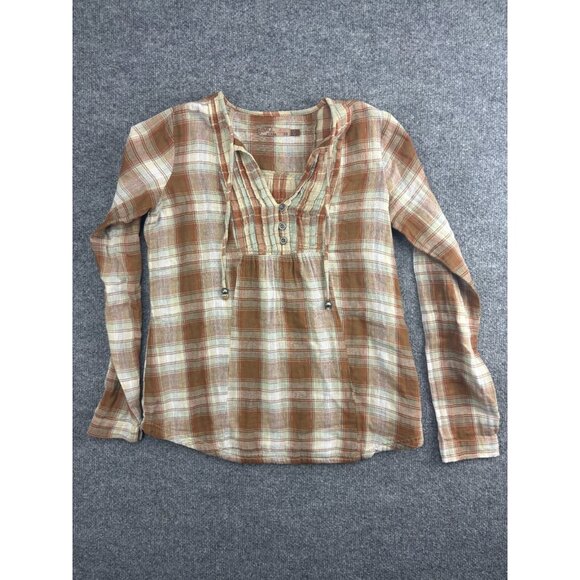 Prana Tops - Prana Popover Shirt Women's XS Brown Plaid Button Front Long Sleeve Drawstring